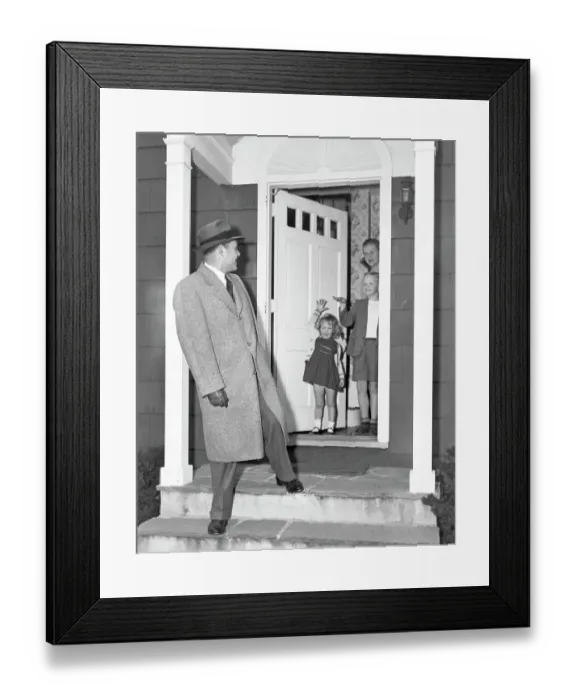 Framed Print : Woman & Children Waving as Father Leaves Framed Print : Woman & Children Waving as Father Leaves