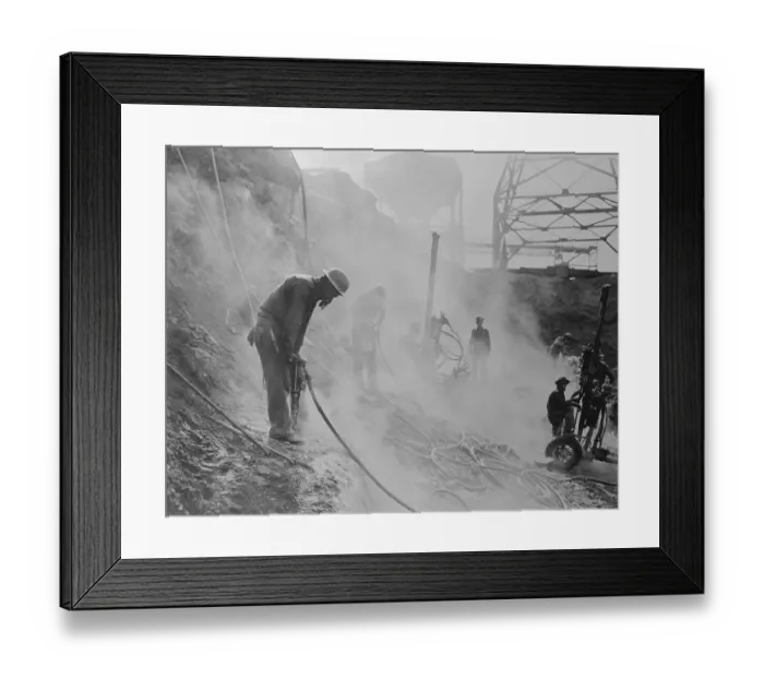 Framed Print : Men Using Jackhammers During Dam Construction