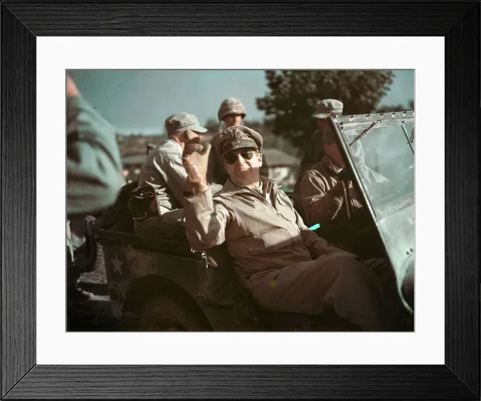 Framed Print : General Douglas MacArthur Riding in Jeep Framed Print : General Douglas MacArthur Riding in Jeep