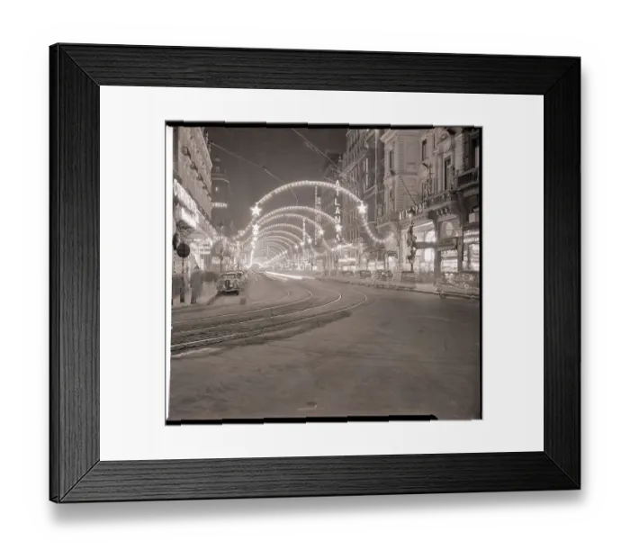 Framed Print : Street with Hanging Christmas Lights Framed Print : Street with Hanging Christmas Lights