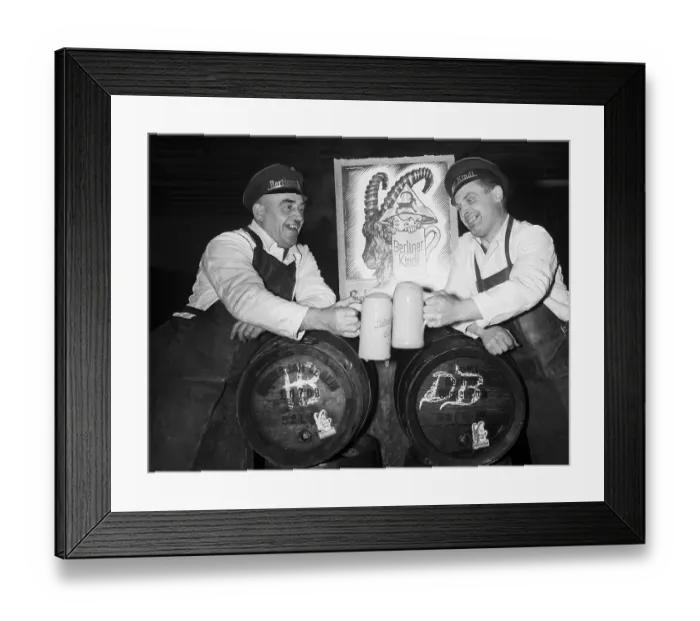 Framed Print : Two Men Give Cheers with Beer, Barrels Framed Print : Two Men Give Cheers with Beer, Barrels