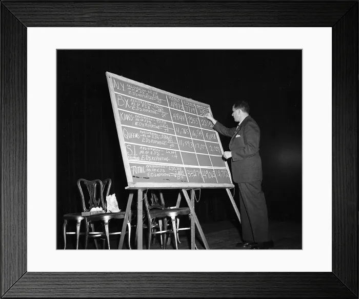 Framed Print : Man Tabulates Election Results on Board Framed Print : Man Tabulates Election Results on Board