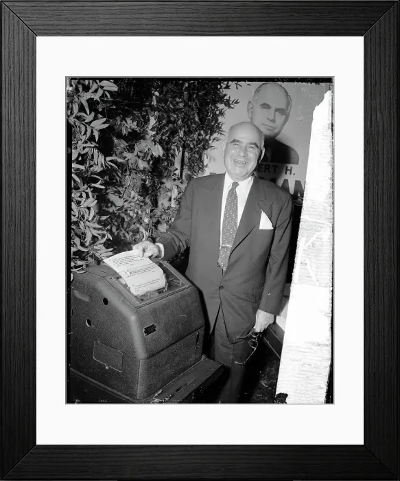 Framed Print : Herbert Lehman Smiles as He Stands Next to Ballot Box Framed Print : Herbert Lehman Smiles as He Stands Next to Ballot Box