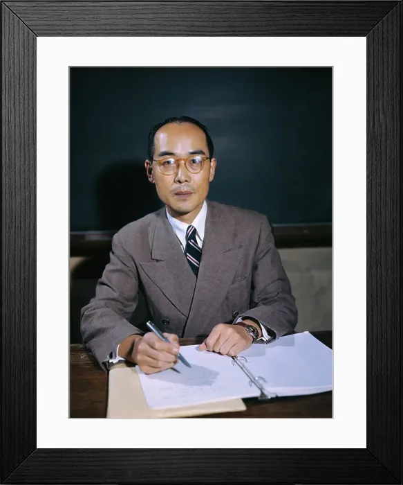 Framed Print : Hideki Yukawa Sitting at Classroom Desk