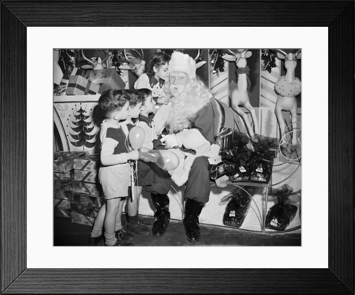 Framed Print : Four Children with Store Santa Claus Framed Print : Four Children with Store Santa Claus