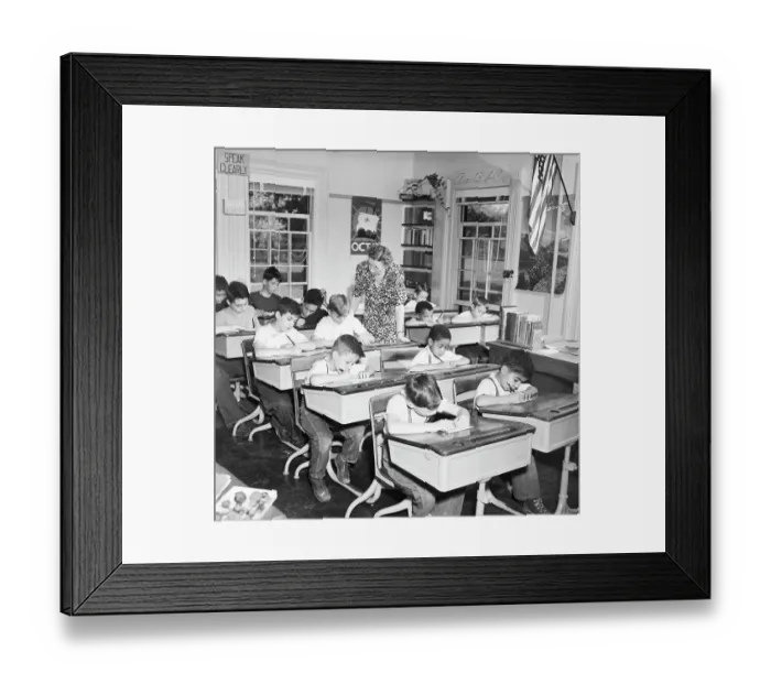 Framed Print : Teacher Supervises Students Taking Quiz at One Room School Framed Print : Teacher Supervises Students Taking Quiz at One Room School