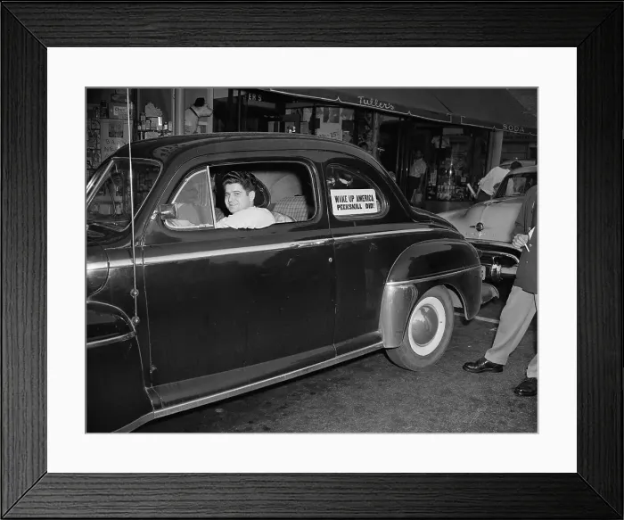 Framed Print : Man Sitting In Car With Sign In Window Framed Print : Man Sitting In Car With Sign In Window