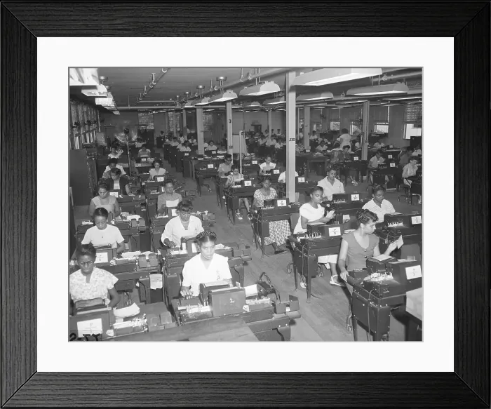 Framed Print : Workers In Large Room Typing, Making Card Framed Print : Workers In Large Room Typing, Making Card