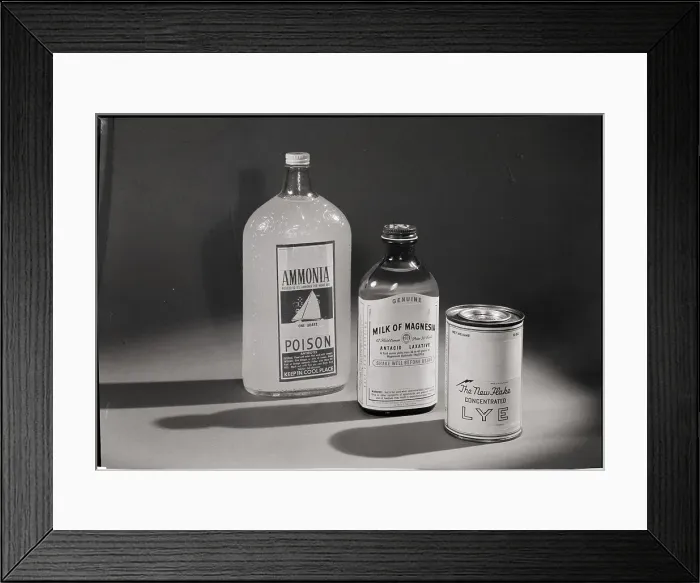 Framed Print : Containers of Ammonia, Milk of Magnesia, and Lye Framed Print : Containers of Ammonia, Milk of Magnesia, and Lye