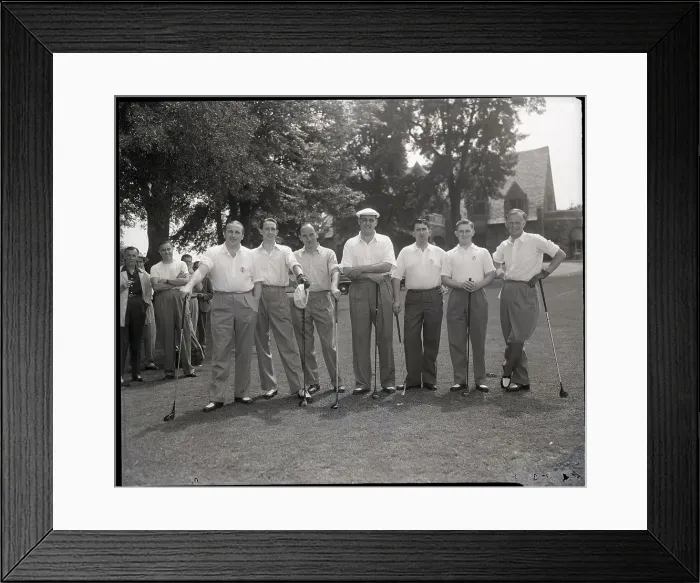 Framed Print : Team Lined Up with Golf Clubs on Course Framed Print : Team Lined Up with Golf Clubs on Course