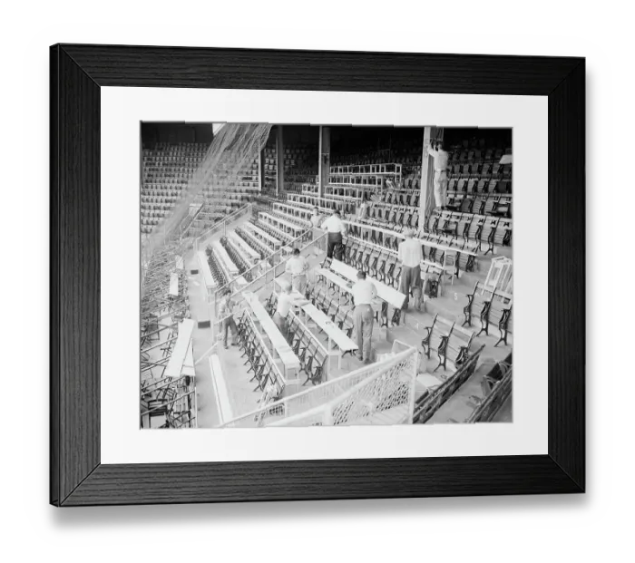 Framed Print : Workmen In Empty Stands At Ebbets Field Framed Print : Workmen In Empty Stands At Ebbets Field