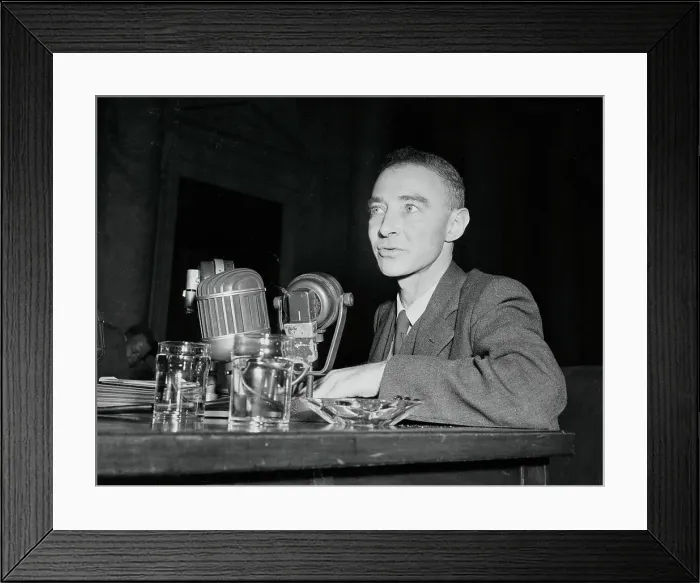 Framed Print : J. Robert Oppenheimer at Microphones During Congressional Hearing Framed Print : J. Robert Oppenheimer at Microphones During Congressional Hearing