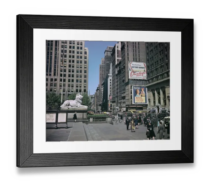 Framed Print : Street Scene at New York Library Including Lion Statue Framed Print : Street Scene at New York Library Including Lion Statue