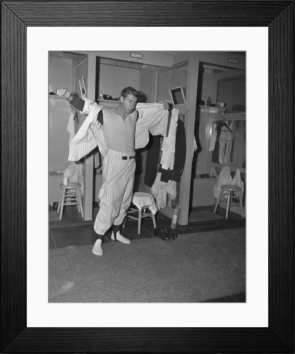 Framed Print : Baseball Great Joe DiMaggio Dressing in Locker Room Framed Print : Baseball Great Joe DiMaggio Dressing in Locker Room