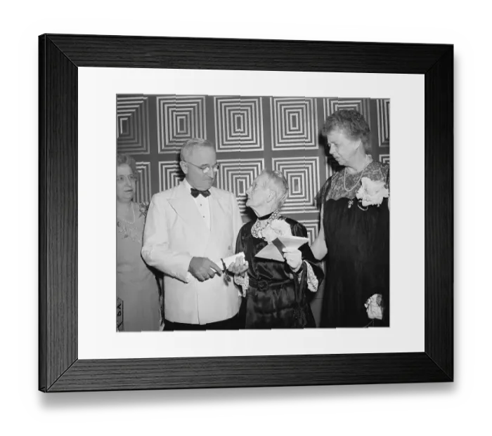Framed Print : Grandma Moses and Eleanor Roosevelt Recieving Women's Achievement Awards from President Truman. 1949 Framed Print : Grandma Moses and Eleanor Roosevelt Recieving Women's Achievement Awards from President Truman. 1949