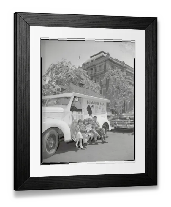 Framed Print : Children with Sign Sitting on Ice Cream Truck Framed Print : Children with Sign Sitting on Ice Cream Truck