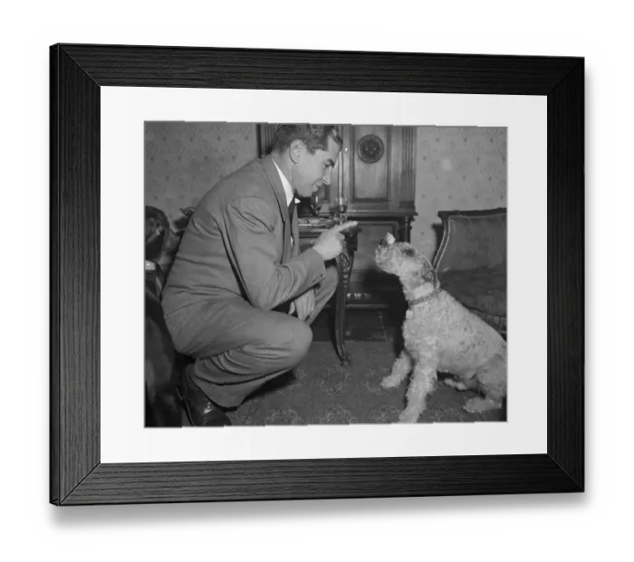 Framed Print : Lucky Luciano Teaching Dog a Trick Framed Print : Lucky Luciano Teaching Dog a Trick