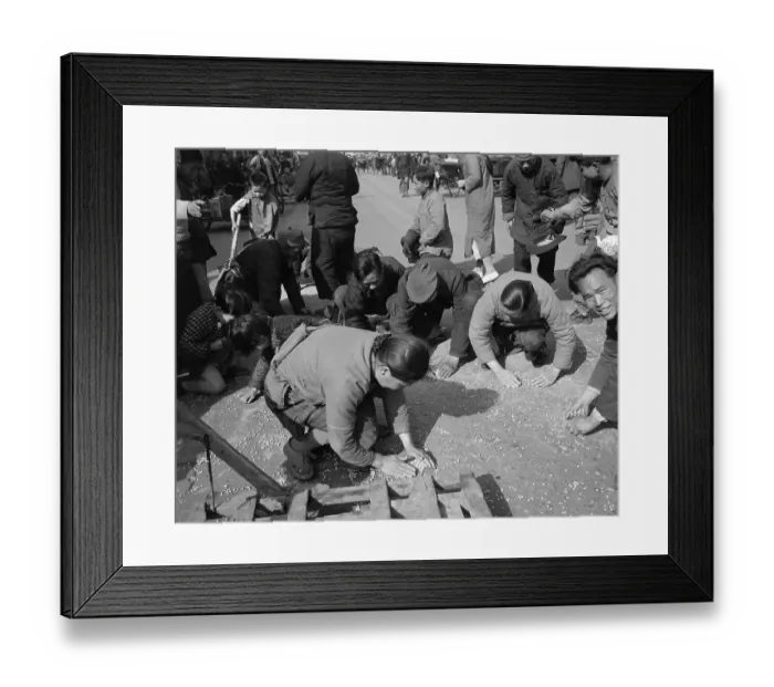Framed Print : People Picking Up Beans In Street Framed Print : People Picking Up Beans In Street