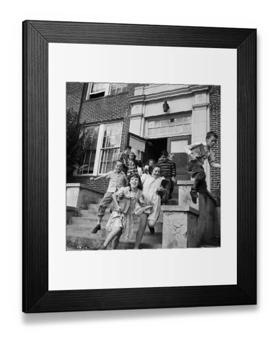 Framed Print : Grade Schoolers Dash Out To Get Bus Ride Framed Print : Grade Schoolers Dash Out To Get Bus Ride
