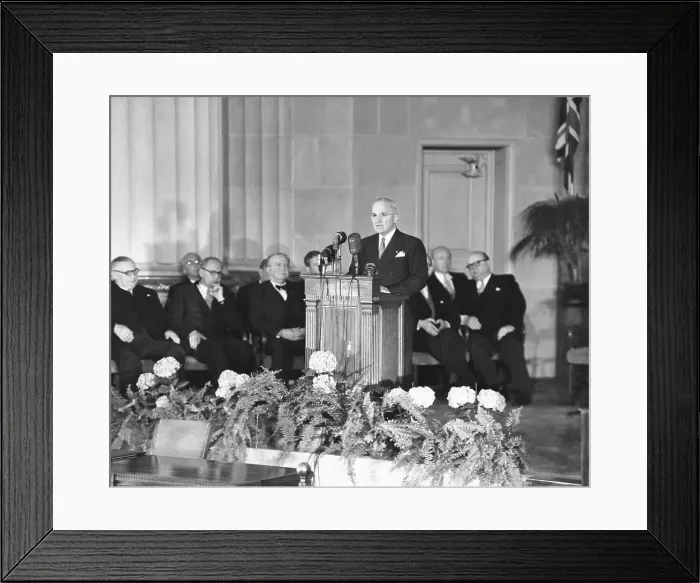 Framed Print : President Truman Speaks At Pact Signing Framed Print : President Truman Speaks At Pact Signing