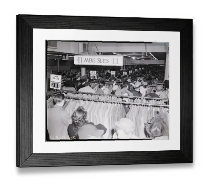 Framed Print : Shoppers Crowd Store for $11 Suits and Coats