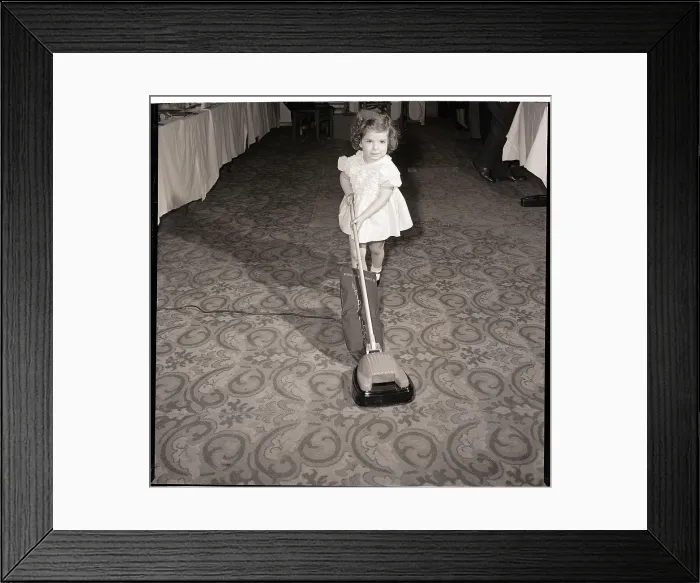 Framed Print : Girl Playing with Toy Vacuum Cleaner Framed Print : Girl Playing with Toy Vacuum Cleaner