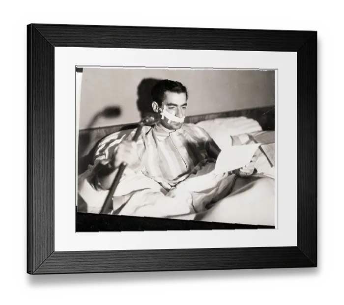 Framed Print : Pahlevi in Hospital Bed with Lip Cast Framed Print : Pahlevi in Hospital Bed with Lip Cast