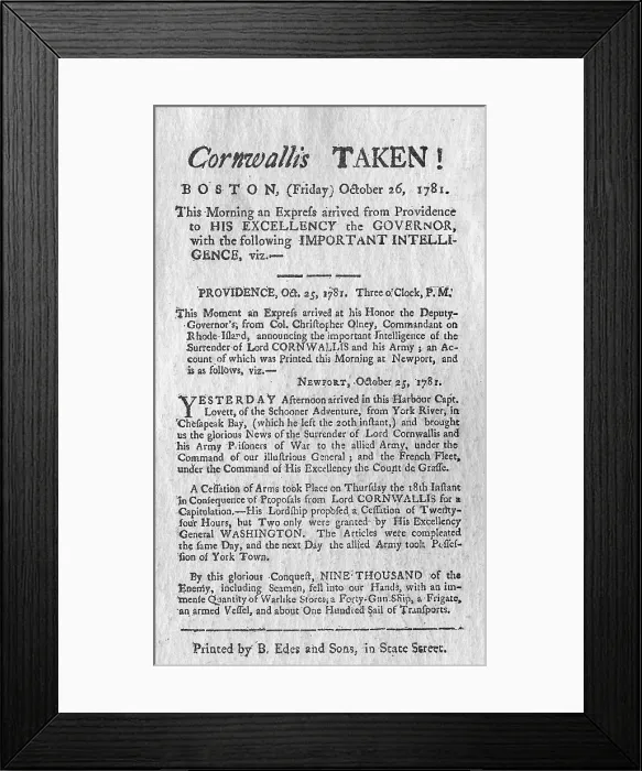 Framed Print : Article Announcing British Surrender During American Revolution