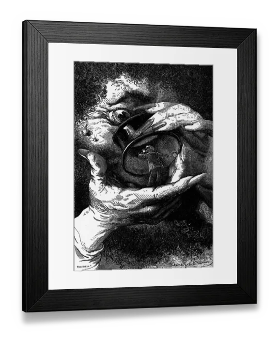 Framed Print : Giant Looking at Man with Magnifying Glass Framed Print : Giant Looking at Man with Magnifying Glass