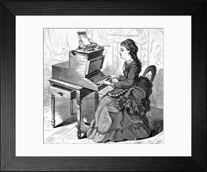 Framed Print : 19th-Century Woodcut of a Young Woman Typing Framed Print : 19th-Century Woodcut of a Young Woman Typing