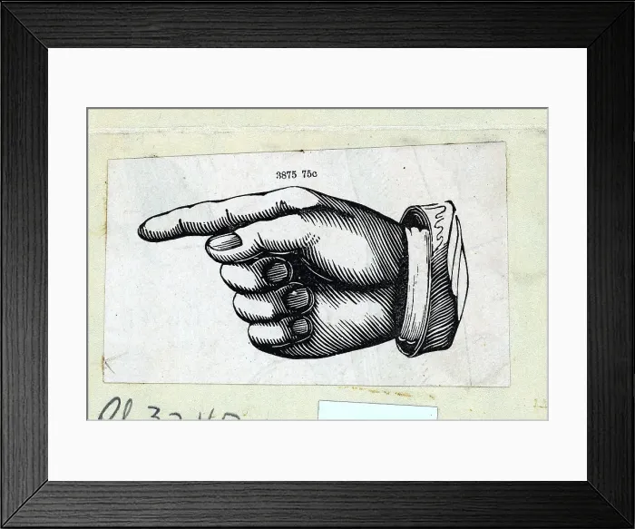 Framed Print : Woodcut Of Hand W / Pointing Finger Framed Print : Woodcut Of Hand W / Pointing Finger