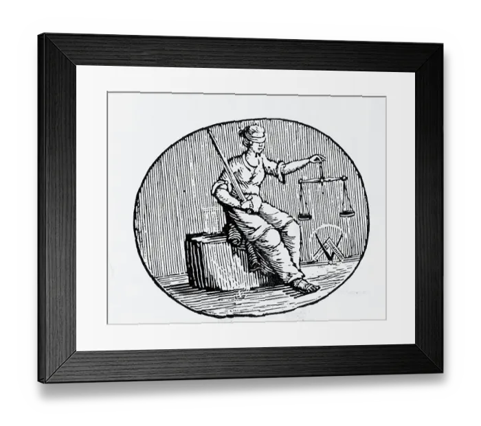 Framed Print : Woodcut Of Justice / Woman W / Scales / Blindf Framed Print : Woodcut Of Justice / Woman W / Scales / Blindf