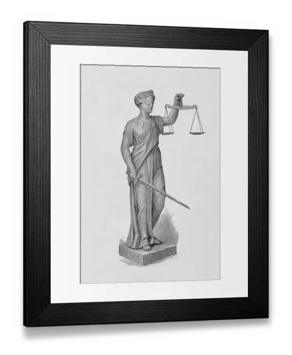 Framed Print : Engraving of Statue of Justice Holding the Scales