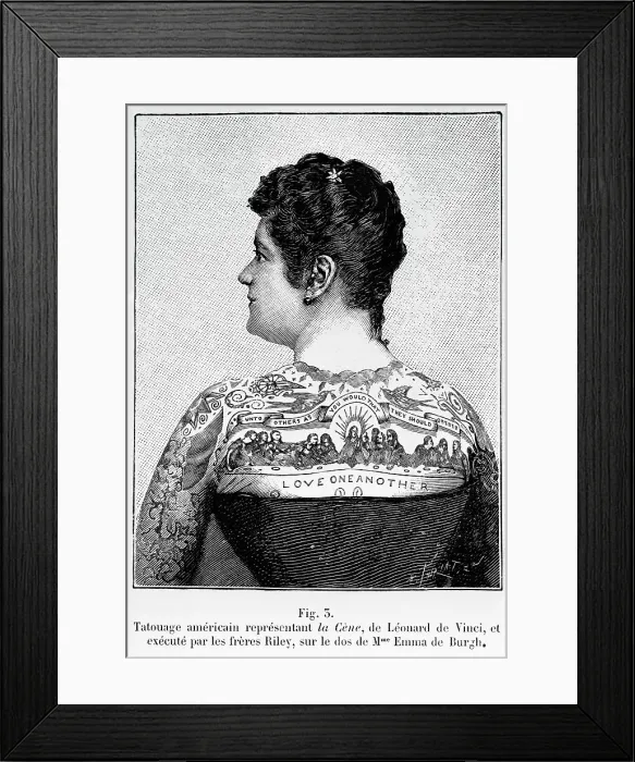 Framed Print : Woman W / Elaborate Tattoos--Woodcut Framed Print : Woman W / Elaborate Tattoos--Woodcut