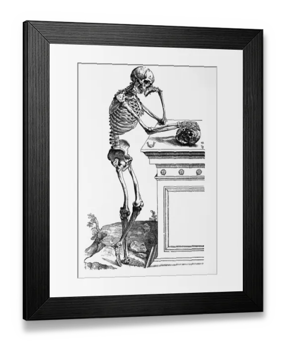 Framed Print : Print of a Skeleton Contemplating a Skull Framed Print : Print of a Skeleton Contemplating a Skull