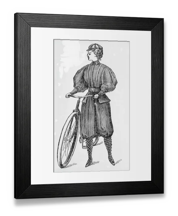 Framed Print : Woodcut; Woman With Bicycle; Bloomers Framed Print : Woodcut; Woman With Bicycle; Bloomers