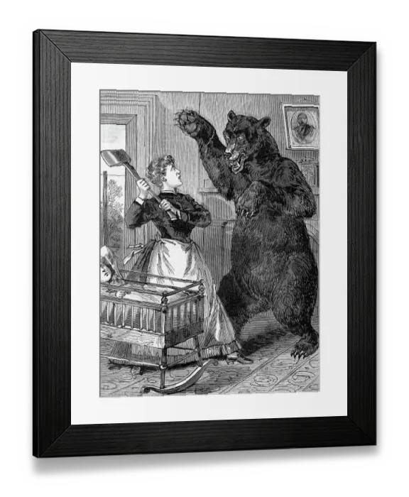 Framed Print : Woman With Axe Fights Bear; Woodcut Framed Print : Woman With Axe Fights Bear; Woodcut