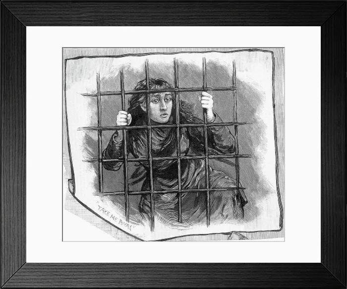 Framed Print : Insane Girl Behind Bars; Woodcut Framed Print : Insane Girl Behind Bars; Woodcut