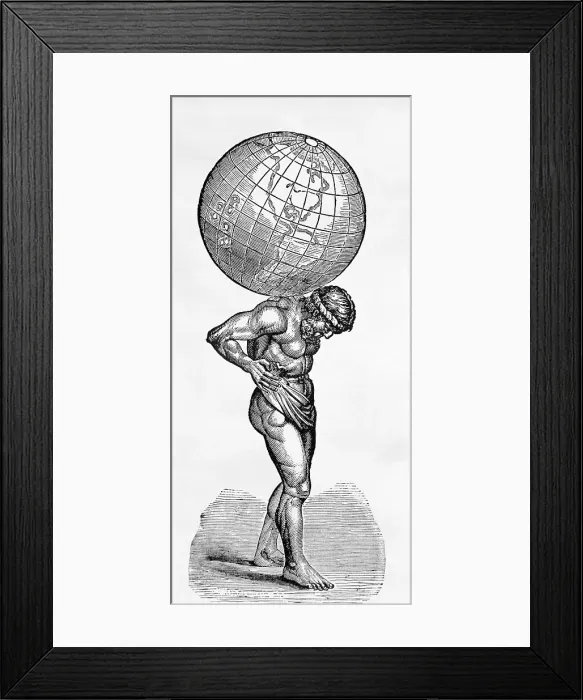 Framed Print : Woodcut of Atlas Carrying Globe On His Back