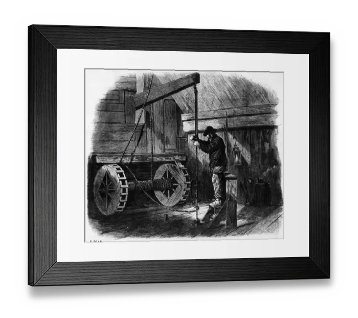 Framed Print : Woodcut; Man Bores For Oil In Farmhouse