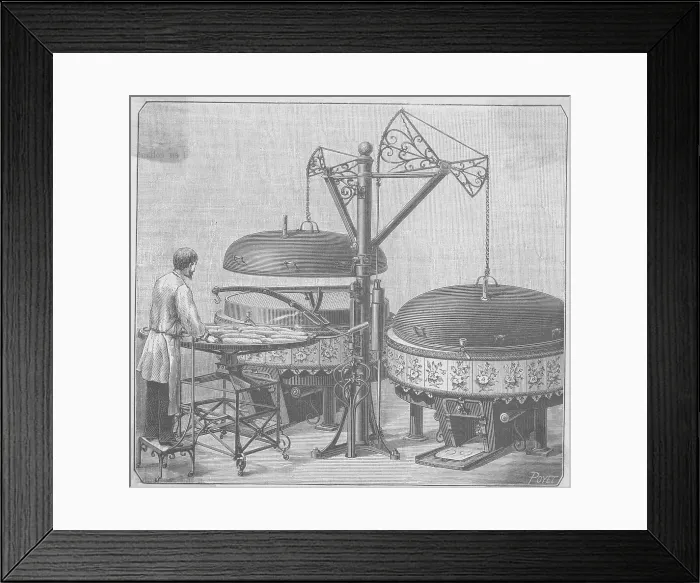 Framed Print : 19th-Century Woodcut of a Baker Using Baking Mechanisms Framed Print : 19th-Century Woodcut of a Baker Using Baking Mechanisms