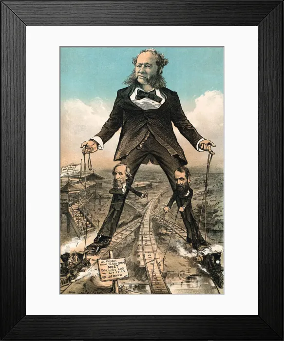 Framed Print : Depiction of Railroad Tycoons Pulling Strings to Train Activity Framed Print : Depiction of Railroad Tycoons Pulling Strings to Train Activity