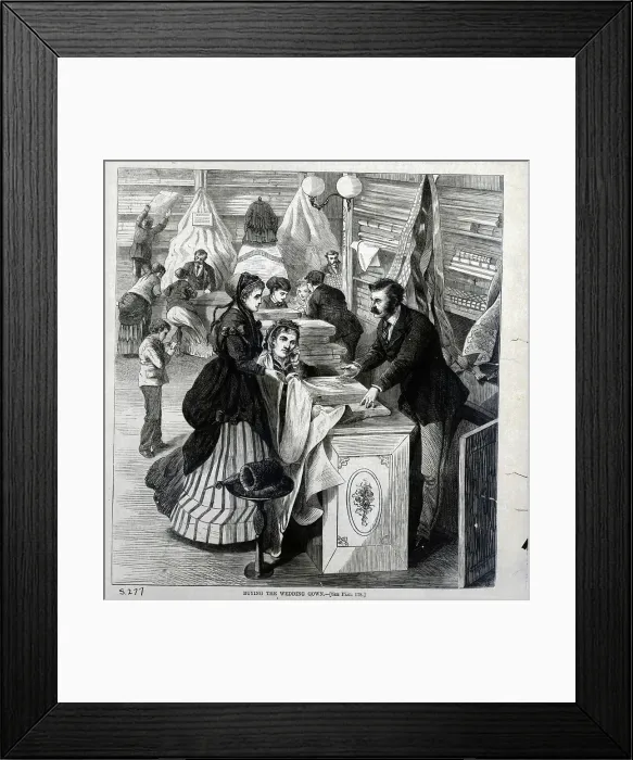 Framed Print : Clerk Showing Woman Wedding Gown Fabric Framed Print : Clerk Showing Woman Wedding Gown Fabric