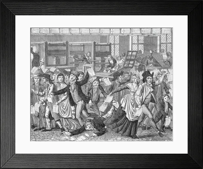 Framed Print : 18th-Century Cartoon of a Mob Storming a Printers Shop Framed Print : 18th-Century Cartoon of a Mob Storming a Printers Shop