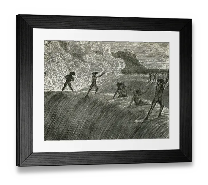 Framed Print : Illustration of Hawaiian Natives Surfing On High Wave Framed Print : Illustration of Hawaiian Natives Surfing On High Wave