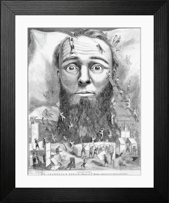 Framed Print : Woodcut Workmen Around Dreaming Man Framed Print : Woodcut Workmen Around Dreaming Man