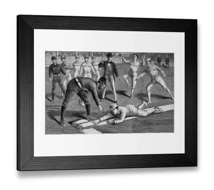 Framed Print : Woodcut Of Man Sliding To Base In Game Framed Print : Woodcut Of Man Sliding To Base In Game