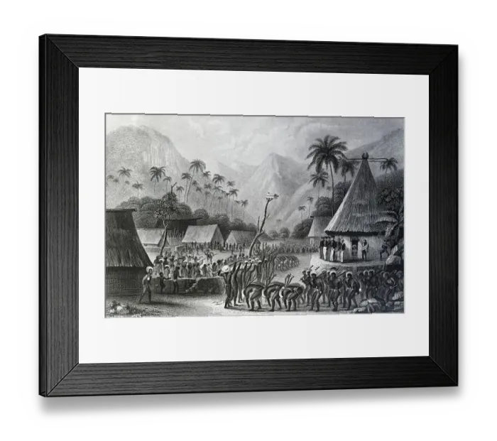 Framed Print : Illustration of Fiji Club Dance witnessed by the Wilkes Expedition on May 24, 1840