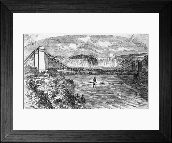 Framed Print : Woodcut Illustration of Charles Blondin Crossing Niagara River on Tightrope Framed Print : Woodcut Illustration of Charles Blondin Crossing Niagara River on Tightrope