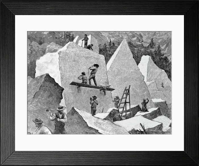 Framed Print : Illustration of Men Quarrying in Canyon Framed Print : Illustration of Men Quarrying in Canyon